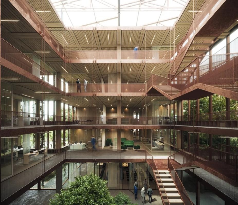 Innenansicht mit sichtbarer Holz-Hybridkonstruktion, Urheber: Cobe Architekturbüro Innenansicht eines Gebäudes mit Licht durchflutetem Innenhof