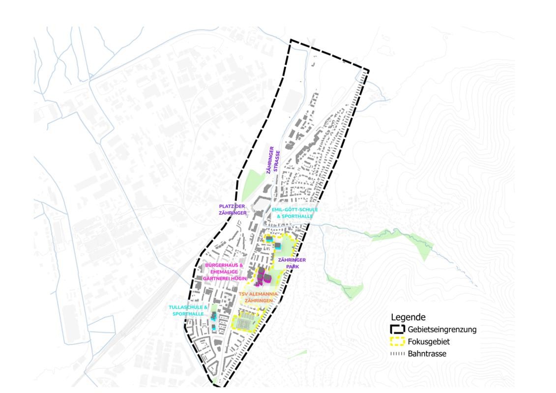 Rahmenplan mit Gebietsabgrenzungen und Informationen zum Verkehr und GRün