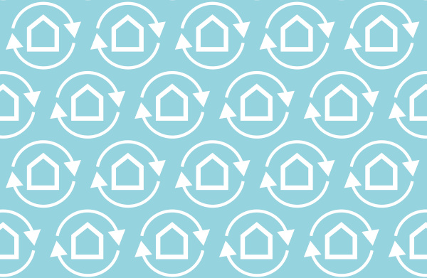 Muster aus Häuser-Icons mit kreisförmigen Pfeilen um jedes Haus