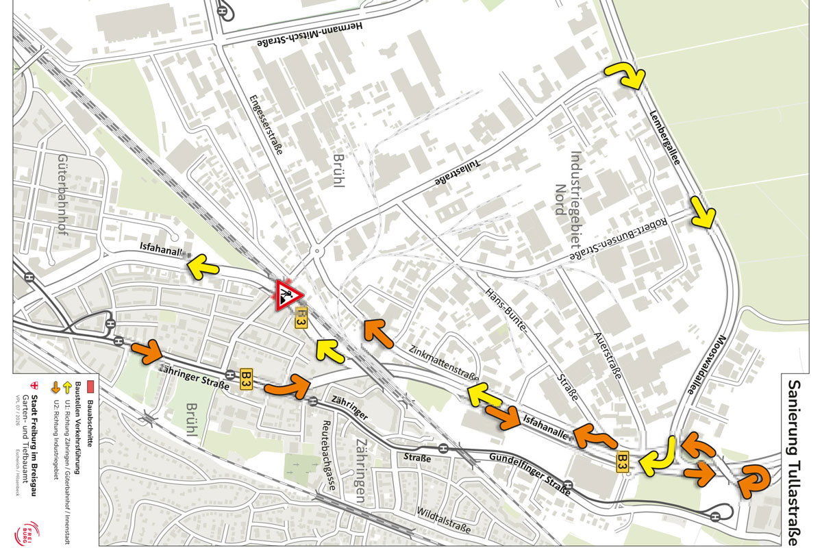 Grafik der Umleitungen zur Sanierung der Tullastraße-Ost