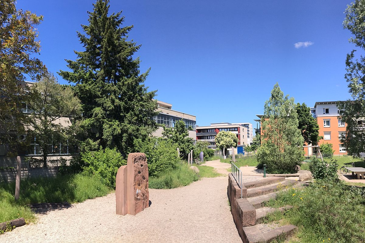Spielplatz mit Bäumen und blauem Himmel