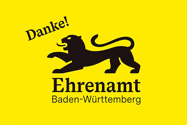 Gelbe Grafik mit der Aufschrift "Danke! Ehrenamt Baden-Württemberg"