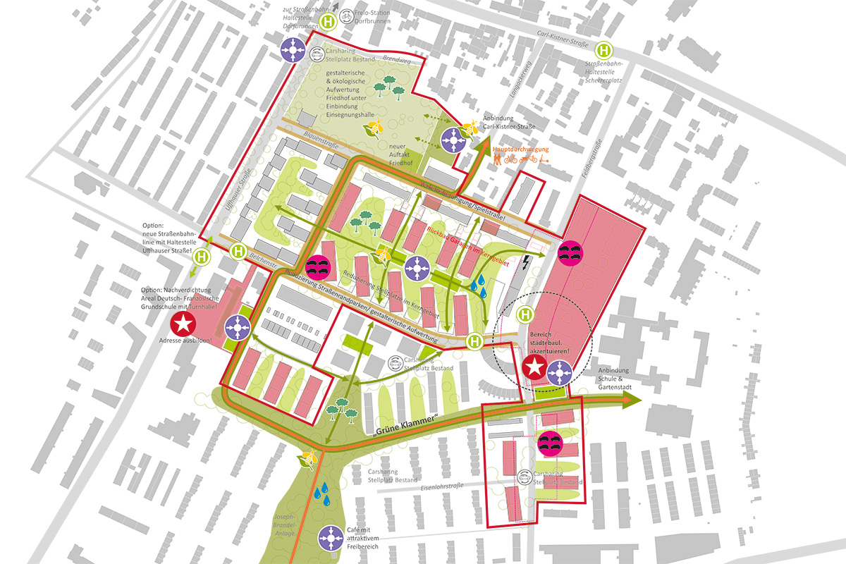 Planzeichnung des Quartiers mit Symbolen