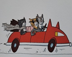 Buchauszug: Drei Katzen fahren in einem Katzenauto.
