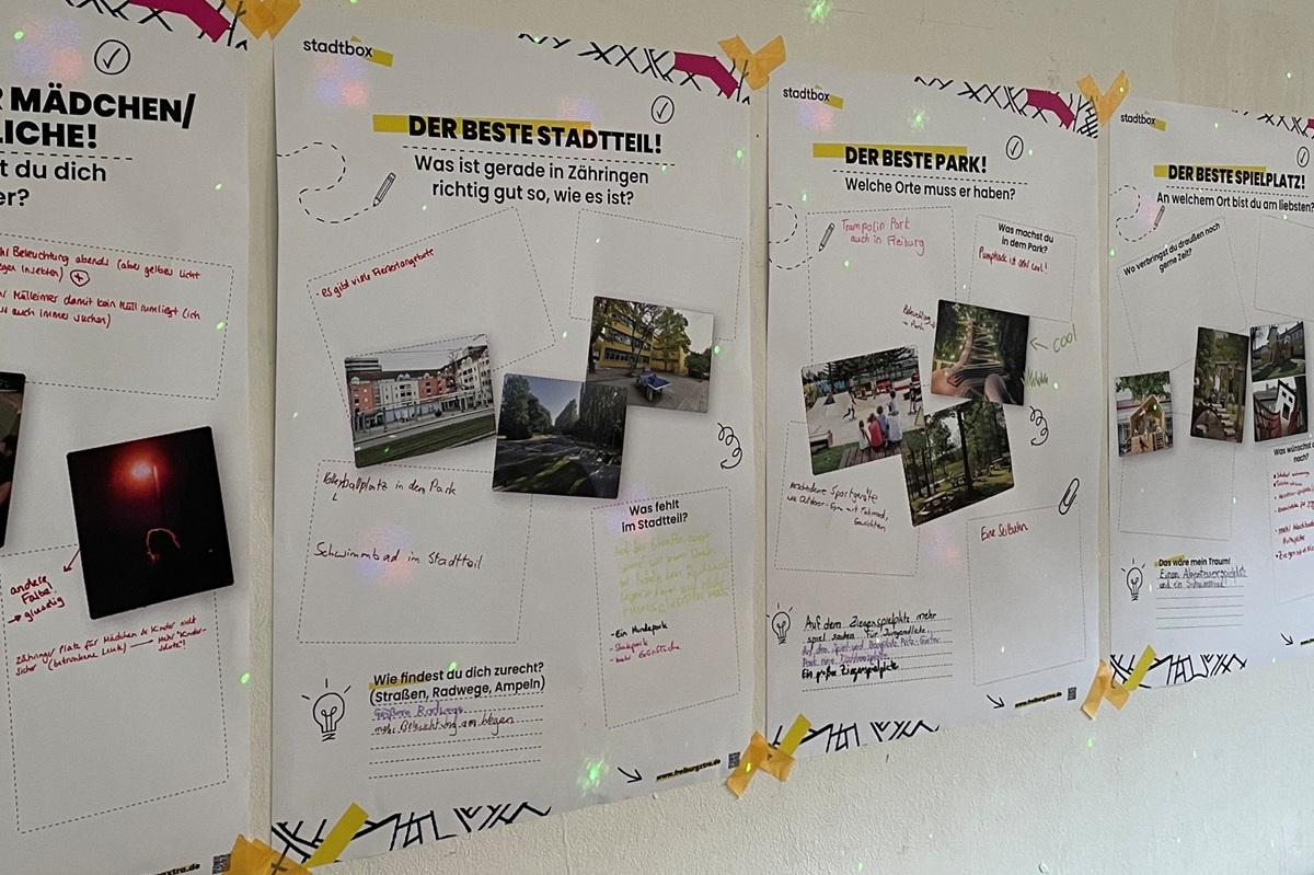 Plakate mit schriftlich und bildlich dargestellten Ideen der Jugendlichen 