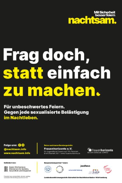 Plakat zur Kampagne, Schriftzug: Frag doch, statt einfach zu machen.