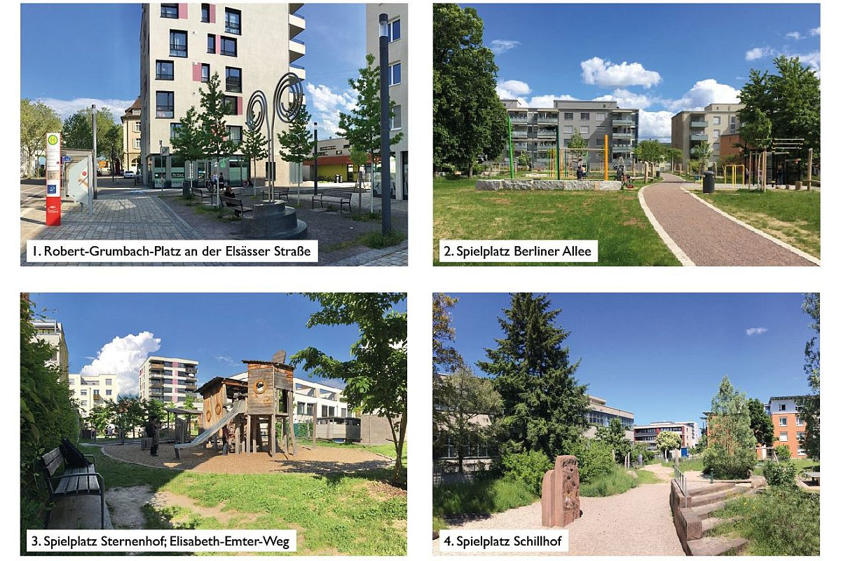Vier Bilder von Spielplätzen