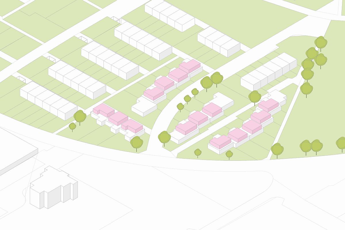 Visualisierung von weißen Häuschen mit rosa Stockwerken