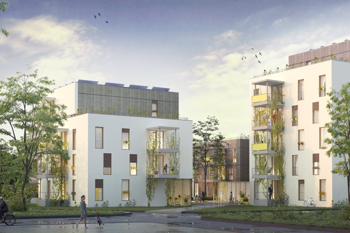 Visualisierung Am Lindenwäldle, zwei quaderförmige Gebäude mit begrünten Balkunfassaden sind zu sehen.