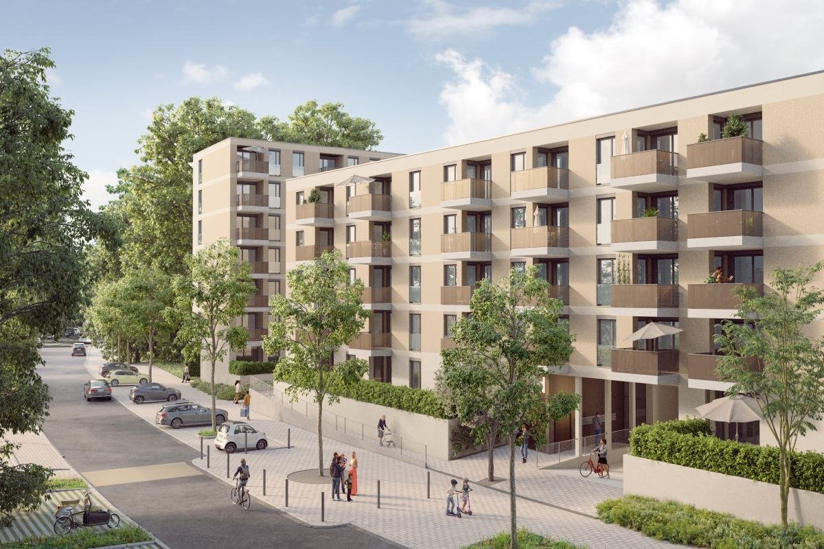 Mehrgeschossige Zeilenbebauung mit Straßenraum und Bäumen, Visualisierung