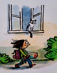 Buchauszug: Anna läuft mit der Trommel an einem Fenster mit einer Katze vorbei.