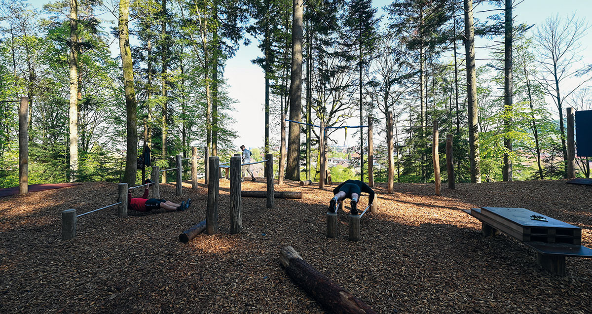 Mehrfachnutzung im Sternwald - Erholung/Freizeit – Mehrfachnutzung Forstflächen: Der Bewegungspark im Sternwald ist ein freizugänglicher Trainingsort für Freiluftsportler_ innen mit Sportgeräten, um einzelne Bewegungsabläufe zu trainieren. Mehrfachnutzung im Sternwald - Erholung/Freizeit – Mehrfachnutzung Forstflächen: Der Bewegungspark im Sternwald ist ein freizugänglicher Trainingsort für Freiluftsportler_ innen mit Sportgeräten, um einzelne Bewegungsabläufe zu trainieren.