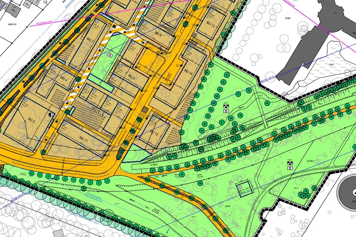 Planzeichnung mit Gebäuden und grünem Park