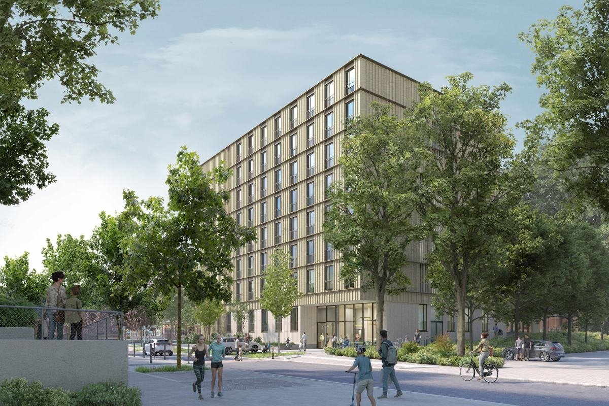 Mehrgeschossiges Gebäude im Starßenraum mit Bäumen, Visualisierung