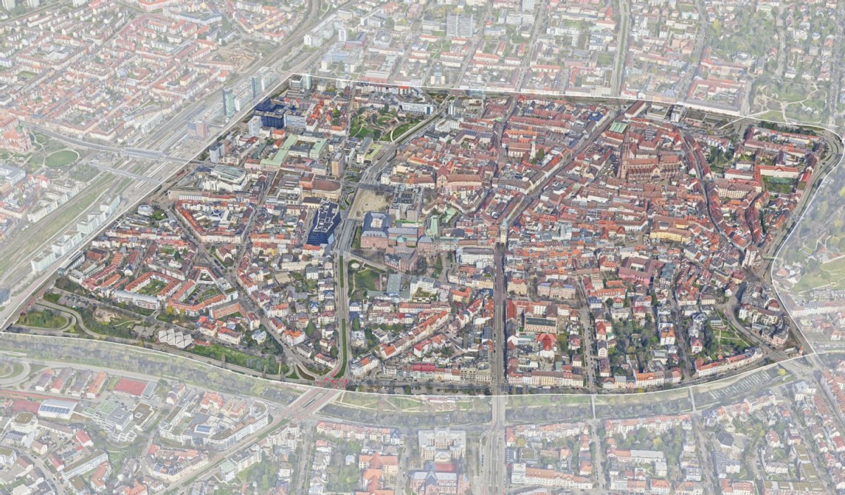 Luftbild der Innenstadt von Freiburg mit Umgrenzung des Altstadbereiches