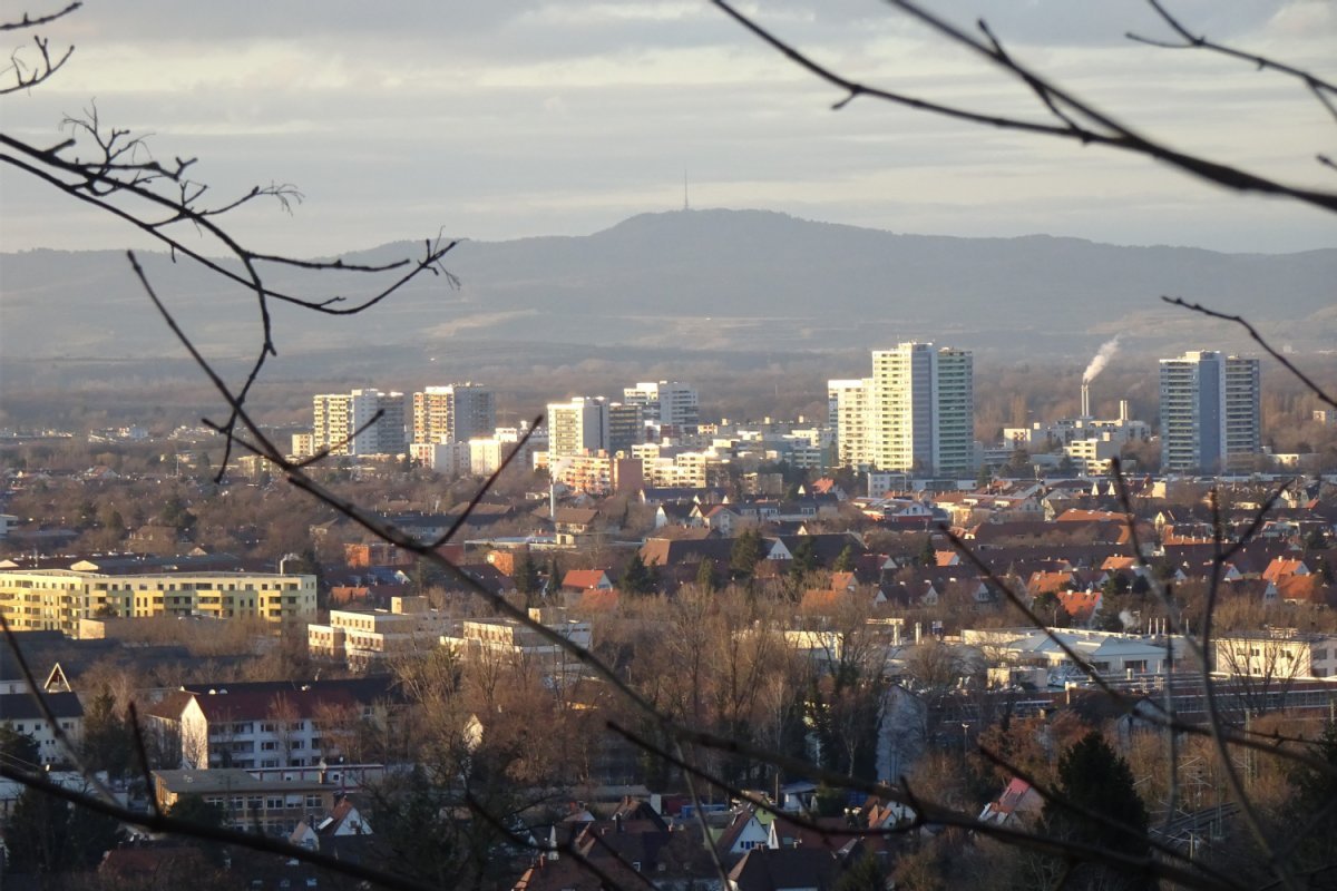 Blick auf eine bebaute Stadt mit Bergen im Hintergrund