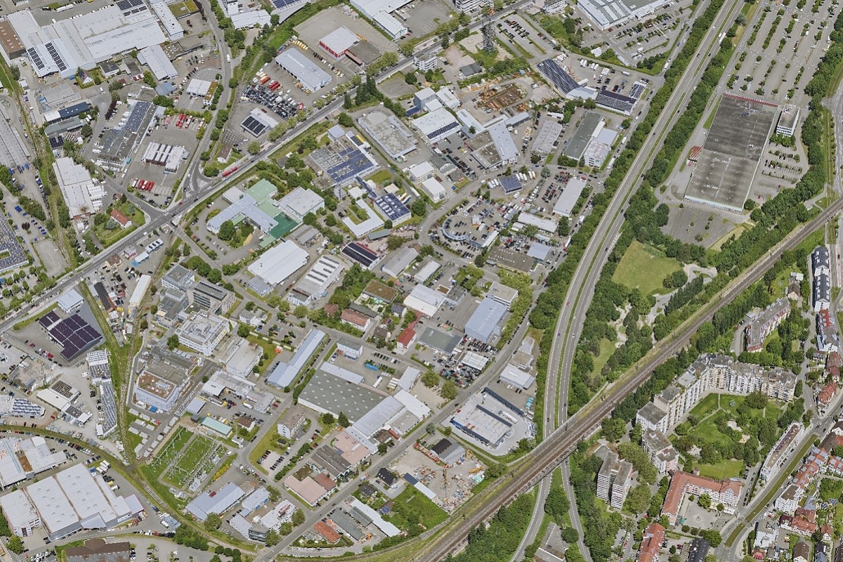 Luftbild Gewerbegebiet, Foto: Stadt Freiburg Luftbild eines Gewerbegebiets