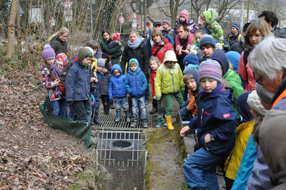 Viele Menschen stehen an einem Bach