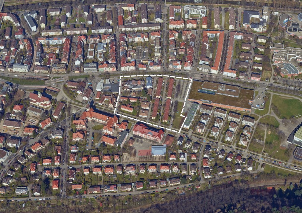 Luftbild mit eingezeichneter Abgrenzung des Sanierungsgebiets