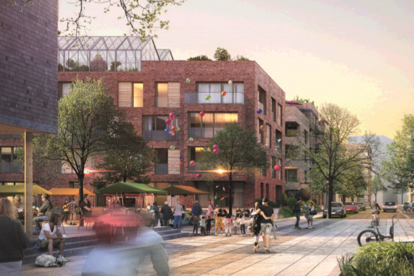 Planzeichnung mit Gebäuden und Park von oben