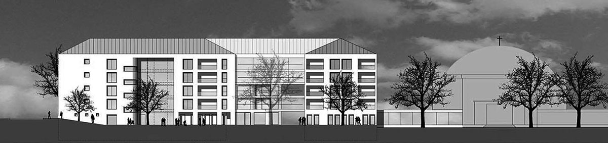 Der Entwurf des Neubaukörpers fasst die ent stehenden Freiräume gelungen ein.