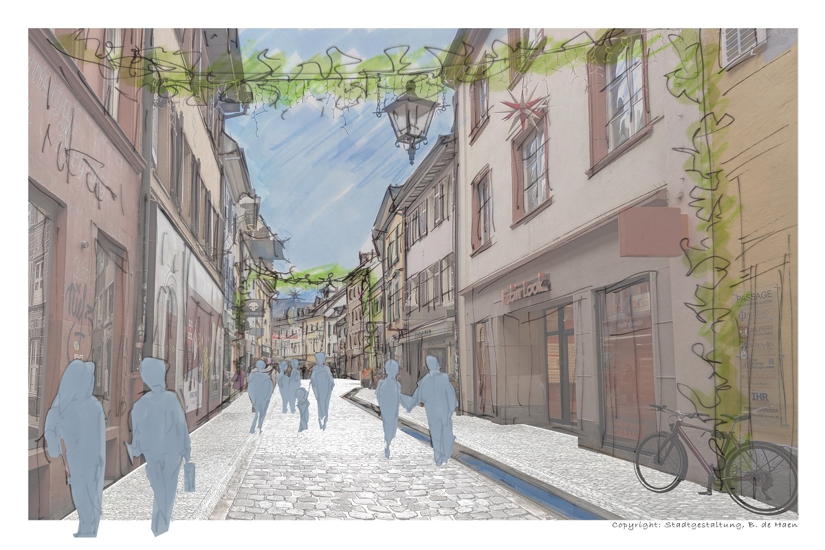 Grafik der neuen Rathausgasse mit Fassadenbegrünung und neuen Leitungen.